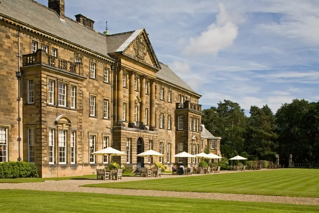 Crathorne Hall Hotel and its terrace overlooking the lawn