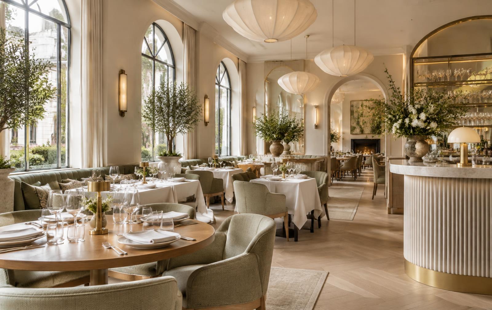 A bright, refined dining room with arched windows, pale oak and brass detailing