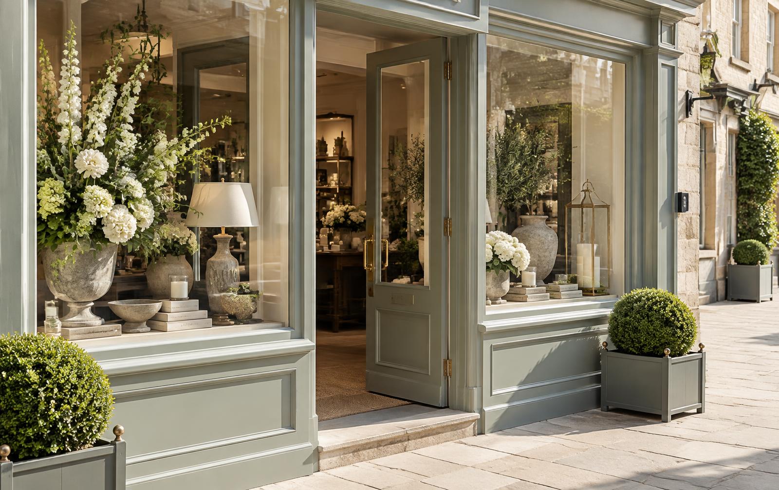 An elegant independent boutique shopfront in soft sage with brass fittings and a styled window display