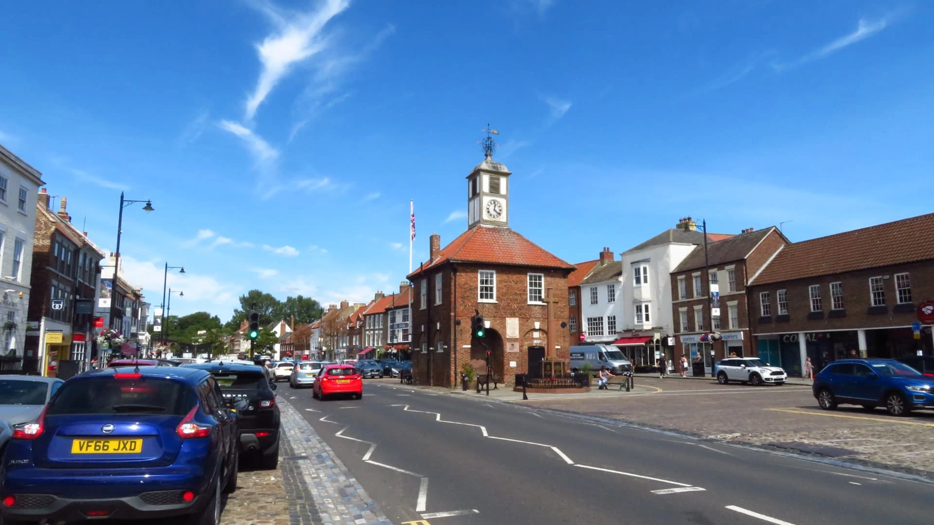 Yarm High Street and its historic Town Hall on a bright summer day